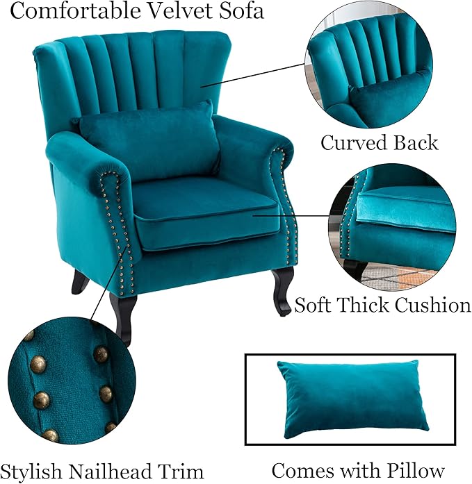 DM Furniture Mid Century Accent Chair Modern Tufted Wingback Armchairs Club Chair Velvet Single Sofa Lounge Chair with Pillow for Living Room, Teal Blue
