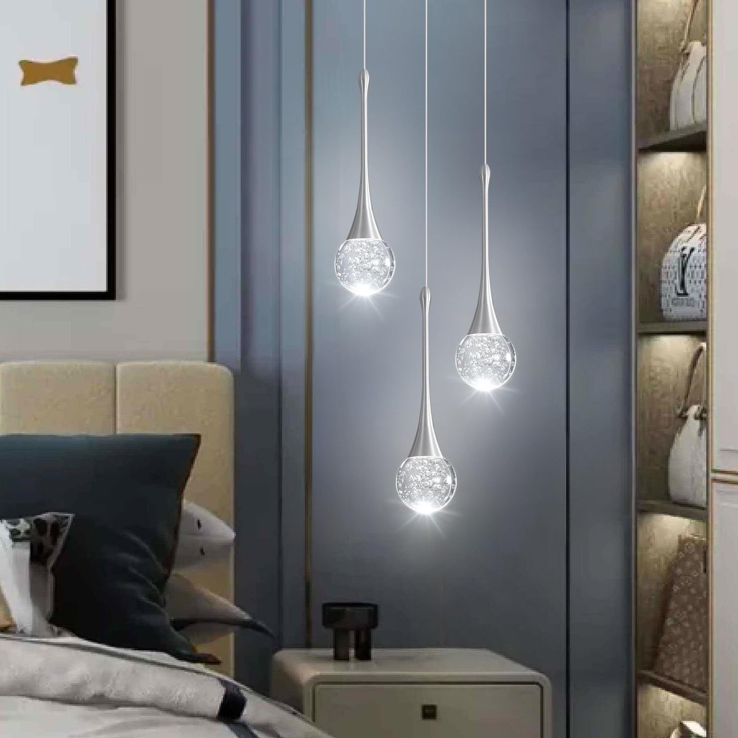cenozo 3-Lights Modern Pendant Lights for Kitchen Island LED Dimmable Crystal Glam Ceiling Pendant Lighting Chandelier for Dining Room Hallway Bedroom Corner Lamp Brushed Nickel