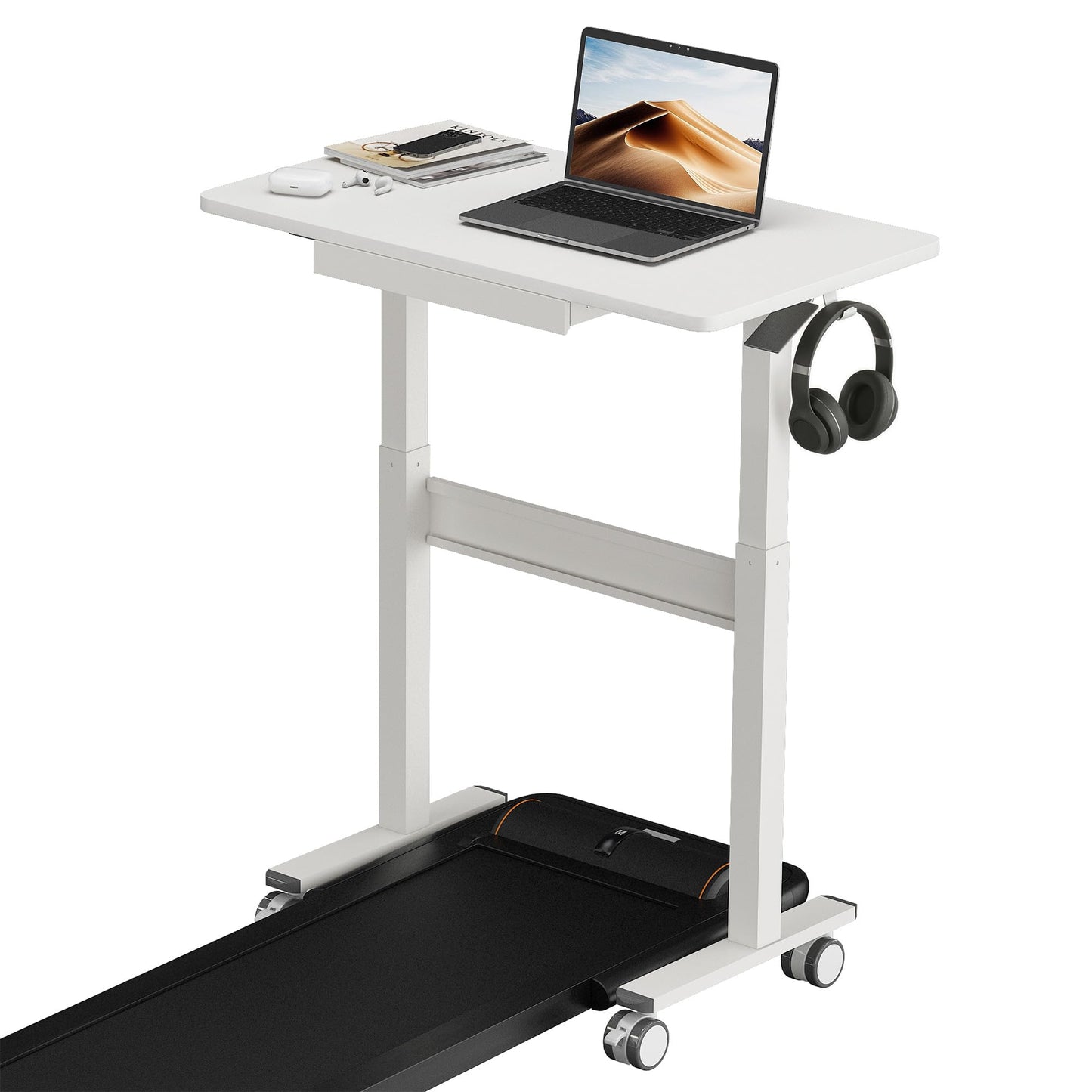 DAWNYIELD Standing Desk for Walking Pad with Wheels, Pneumatic Cordless Height Adjustable Rolling Desk, Mobile Computer Workstation with Drawer Hook Locking Casters for Treadmill & Home Office, White