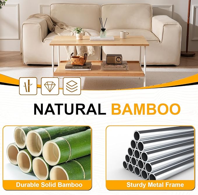 Baveke Bamboo 2 Layer Coffee Table - Tier Storage Mid Century Modern Farmhouse Center Table for Living Room, Bedroom, Office, Patio(Natural)