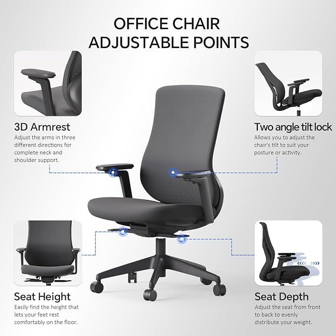 Ergonomic Office Chair Seat Depth Adjustable, Home Office Desk Chair with 3D Armrest, Mesh Office Chairs with Tilt Recline Lock,Thickened Soft Cushion, SGS Certified Gas Lift for Long Hours(Black)