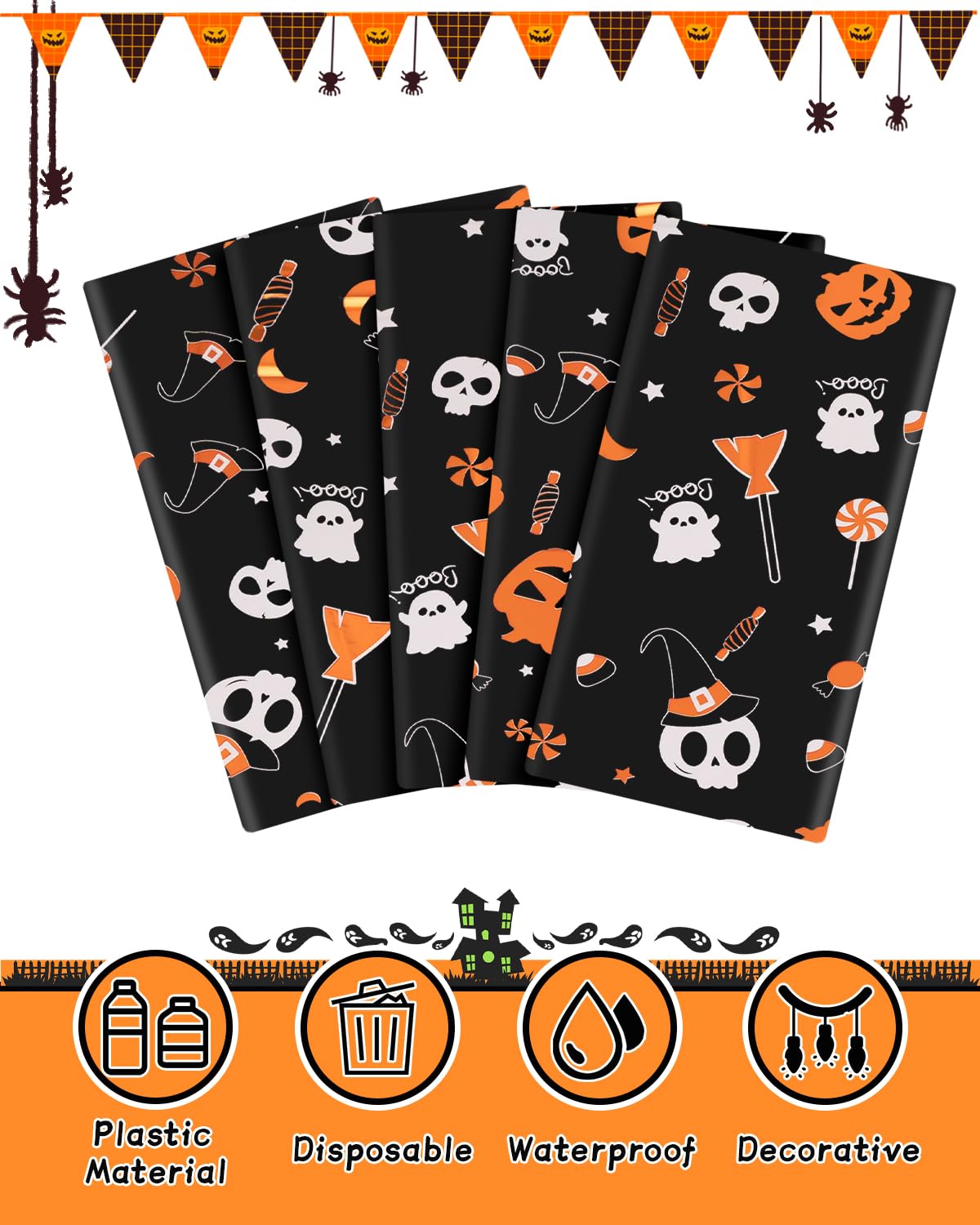 Colemoly Halloween Table Cloth 5 Pack 54in x108in Plastic Table Cover, Bat & Pumpkin Rectangle Disposable Tablecloth, Black Table Cloths for Parties Decoration