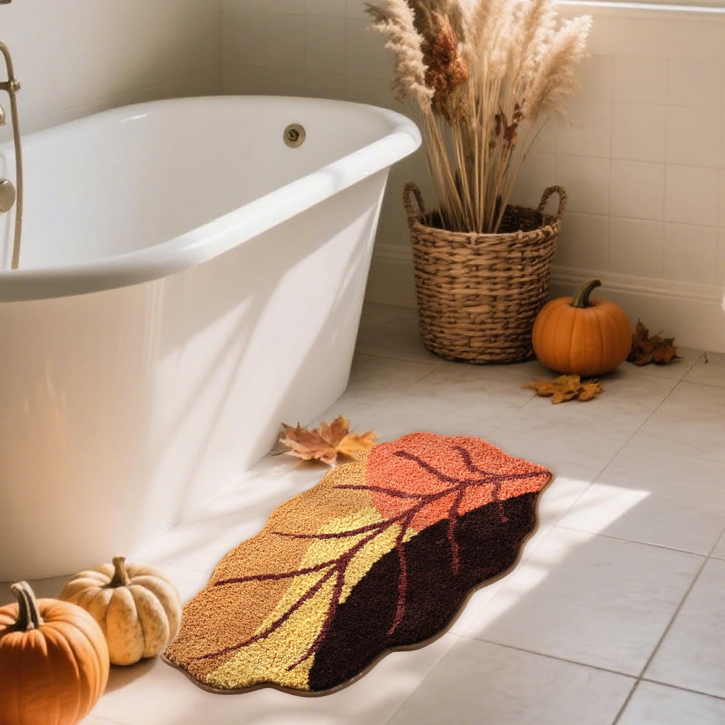 Fall Leaves Bath Mat 20x32 Inch, Soft and Absorbent Tufted Cozy Fall Bathroom Rug Non Slip Washable, Autumn Thanksgiving Halloween Bathroom Decor Rug Holiday Decorations