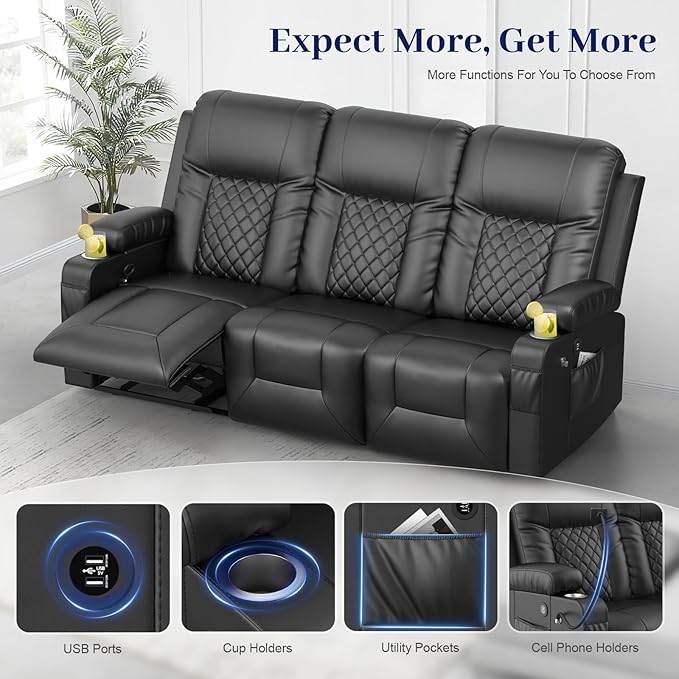 FURNIMAT Oversized Recliner Sofa Set with 3+2+1 Pieces in Living Room, 3 Seats Dual Reclining Sofa Couch with USB Ports, 1 Recliner Chair with Vibration Massage and Heat Single Sofa Seat, Bedroom, RV