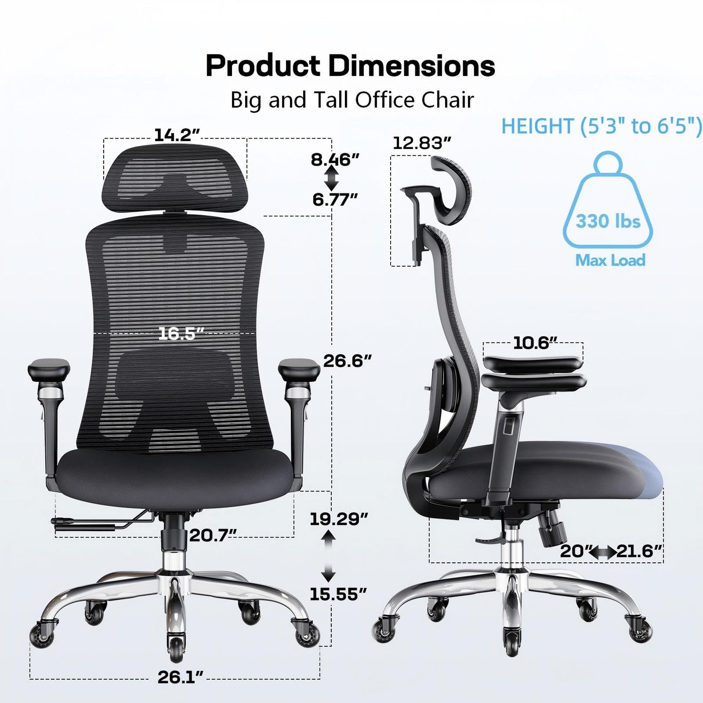 Marsail Ergonomic Office Chair with 6D Armrests, Ergonomic Chair with 3D Adjustable Headrest, Slide Seat, Lumbar Support, and 4-Position Tilt Lock – Big and Tall Office Chair with 330 lbs Capacity