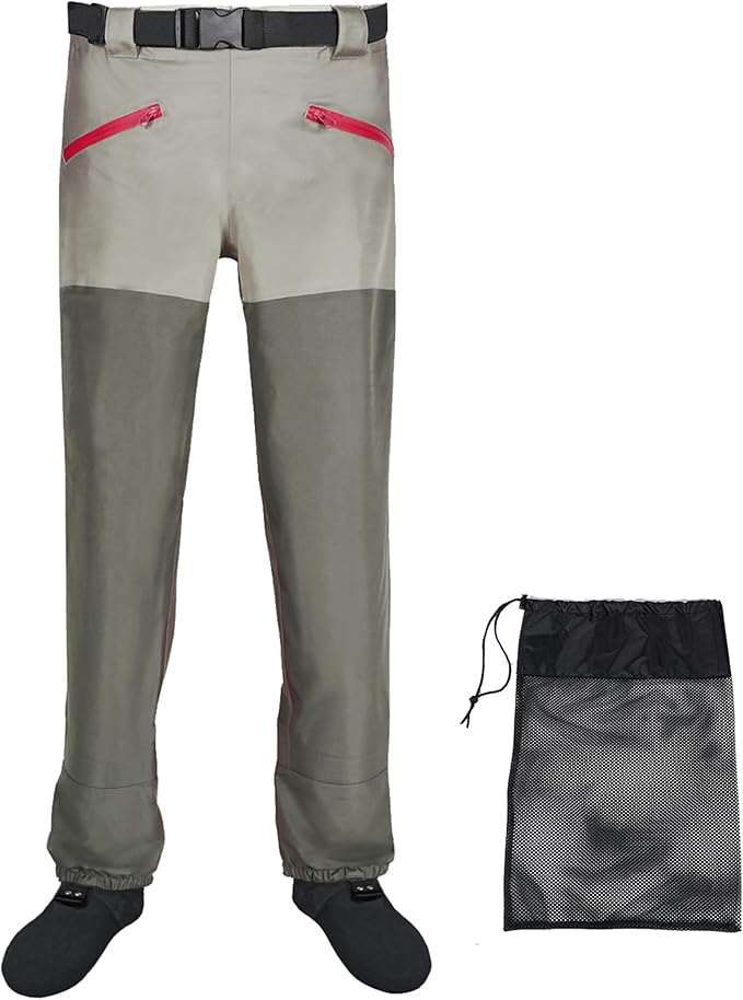 JUSTOOP Waist Wader Pants for Men and Women, 3-Ply Breathable Waterproof Fishing Waders with Pockets and Durable Stockingfoot