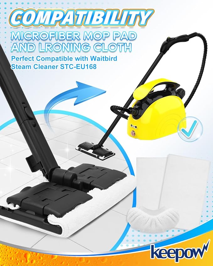 KEEPOW 4+4Pack Reusable Microfiber Mop Pads Compatible with Waitbird Steam Cleaner STC-EU168, Reusable Microfiber Cleaning Replacement Pads 4 Pack and 4 Pack Ironing Cloths (Mop is Not Included)
