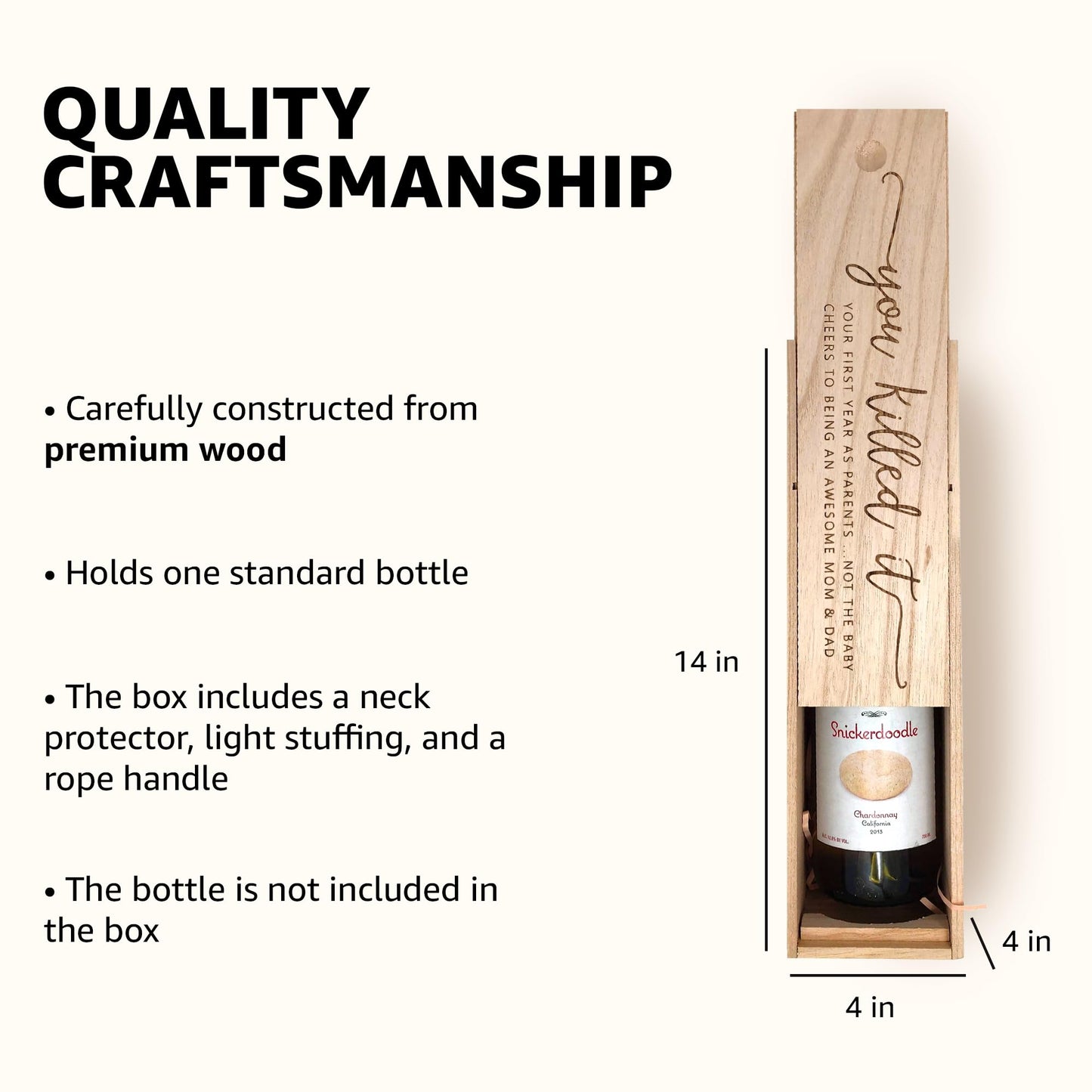 CITY NORTH Wooden Wine Box - Perfect Parents Wine Gift for Baby's First Birthday with Decorative Text, Elegant Bottle Holder and Storage, Comes with a Rope Handle, Fits Standard 750ml Bottles