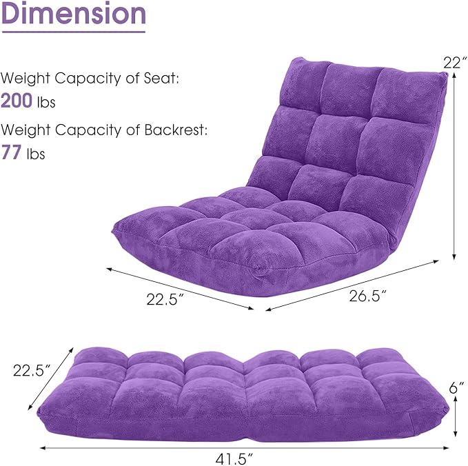 MAT EXPERT 14-Position Floor Chair, Floor Gaming Chair w/Soft Coral Fleece, Alloy Steel Frame, Padded Lazy Couch Recliner, Floor Chair with Back Support for Reading, Meditating, Playing Game (Violet)