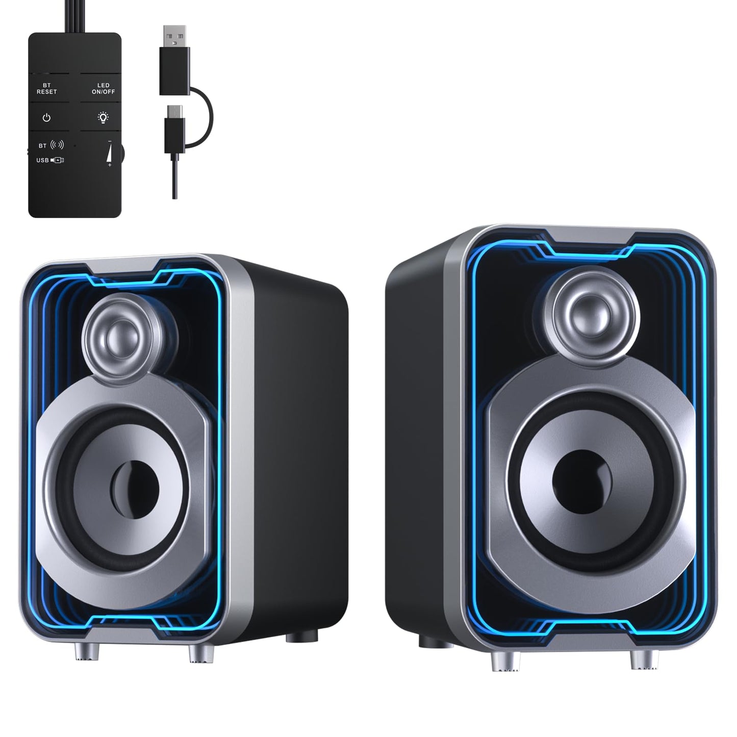 SOULION 2.0 Computer Speakers, 10W USB-Powered Bluetooth Wired PC Speakers with Easy-Control Pod for Desktop, Tiny Desk Soundbar with 5 Mirror-Like LED Light Modes for Monitor Laptop - Black