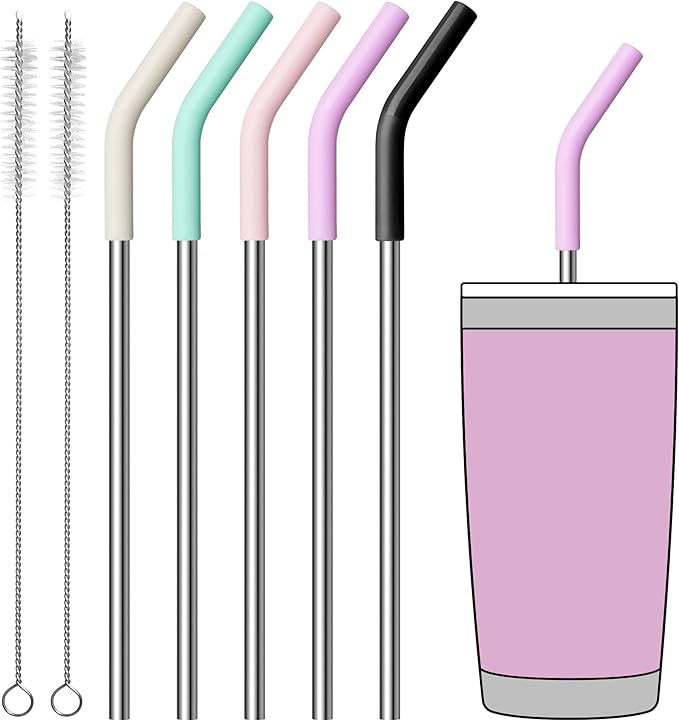Metal Straws Reusable for 20oz YETI Tumbler Mug- 8.5" Stainless Steel Replacement Straws with Silicone Tips for 20 oz Cup, 1 Portable Bag