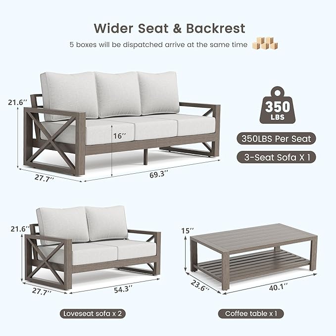 UDPATIO Aluminum Patio Furniture Set, 7 Seats Outdoor Patio Sets with Coffee Table, Faux Wood Patio Furniture Set Metal Modern Outdoor Sectional for Deck Porch Patio, Light Grey