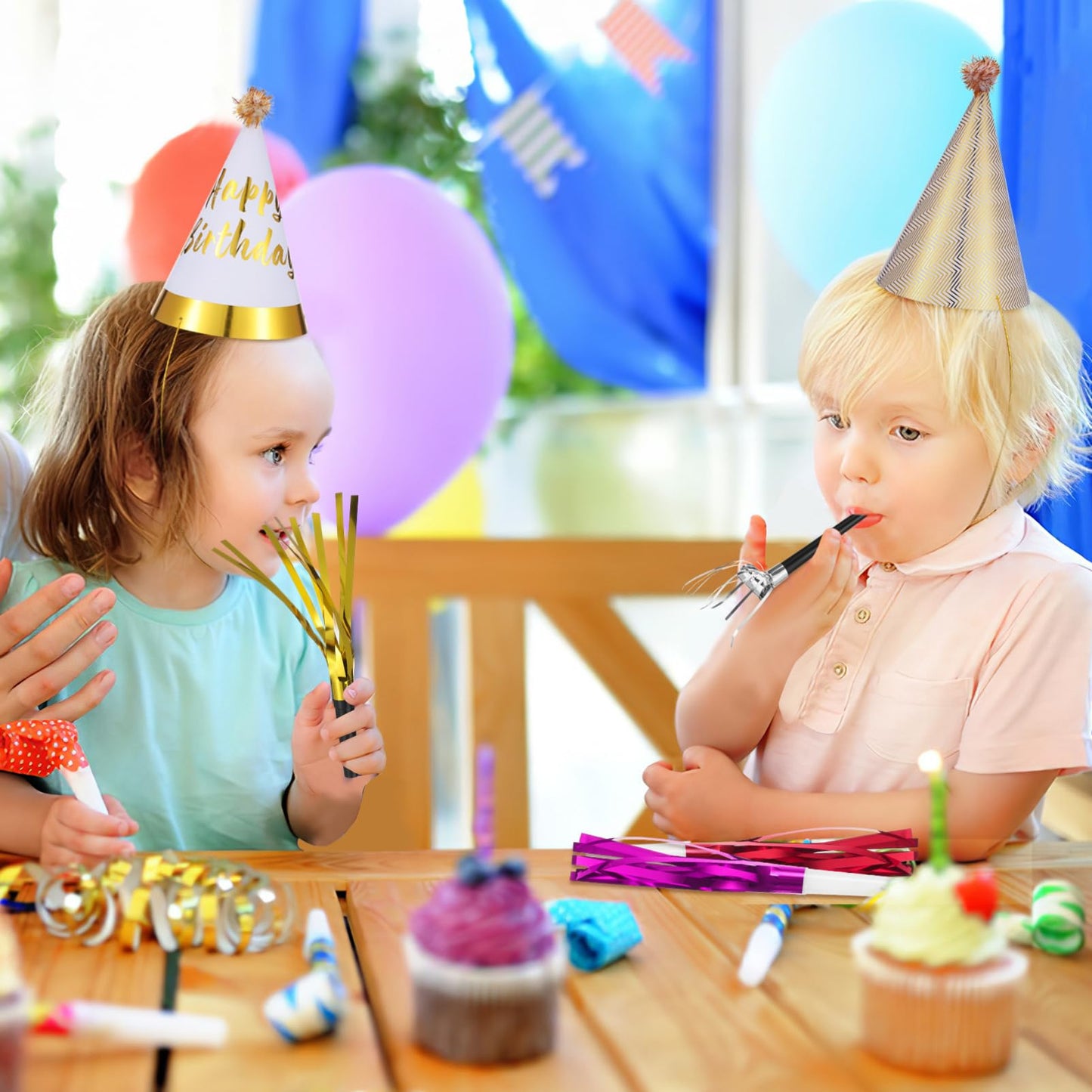 JOINPAYA 36 Pcs Birthday Party Set: Black Gold Cone Hats for Kids Including 12 Paper Hats and 24 Noise Makers, Happy Birthday Supplies
