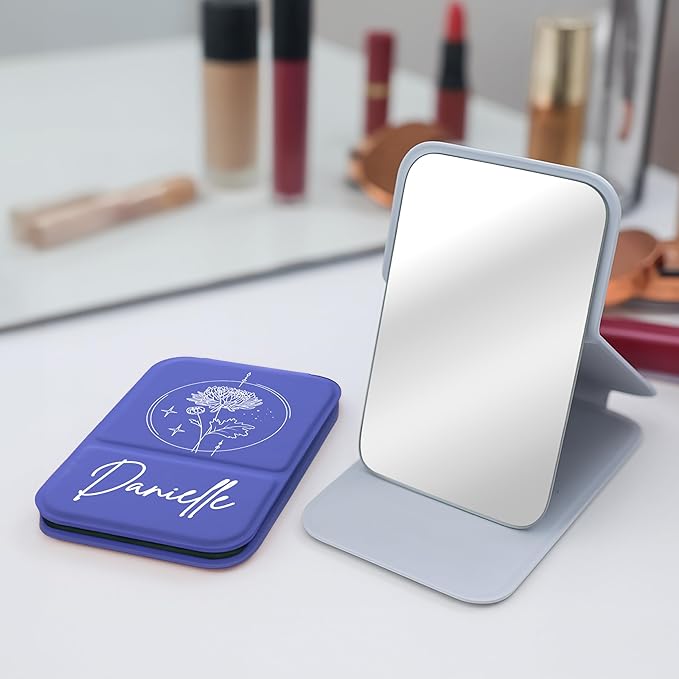 Personalized Birth Flower Month Travel Makeup Mirror for Women | White Birth Flower and Name UV Painting |Custom Small Portable Travel Pocket Mirror Birthday Gifts for Women, Mom, Girl