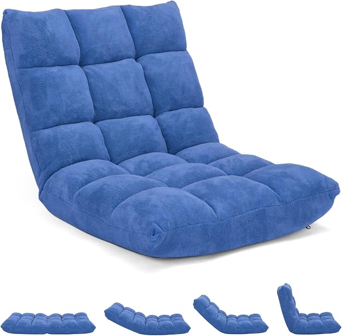 Folding Floor Chair w/Back Support, 14-Position Adjustable Lazy Sofa Chair w/Coral Velvet Fabric & Alloy Steel Frame, Portable Meditation Chair for Reading, Gaming,Sleeping (Blue)