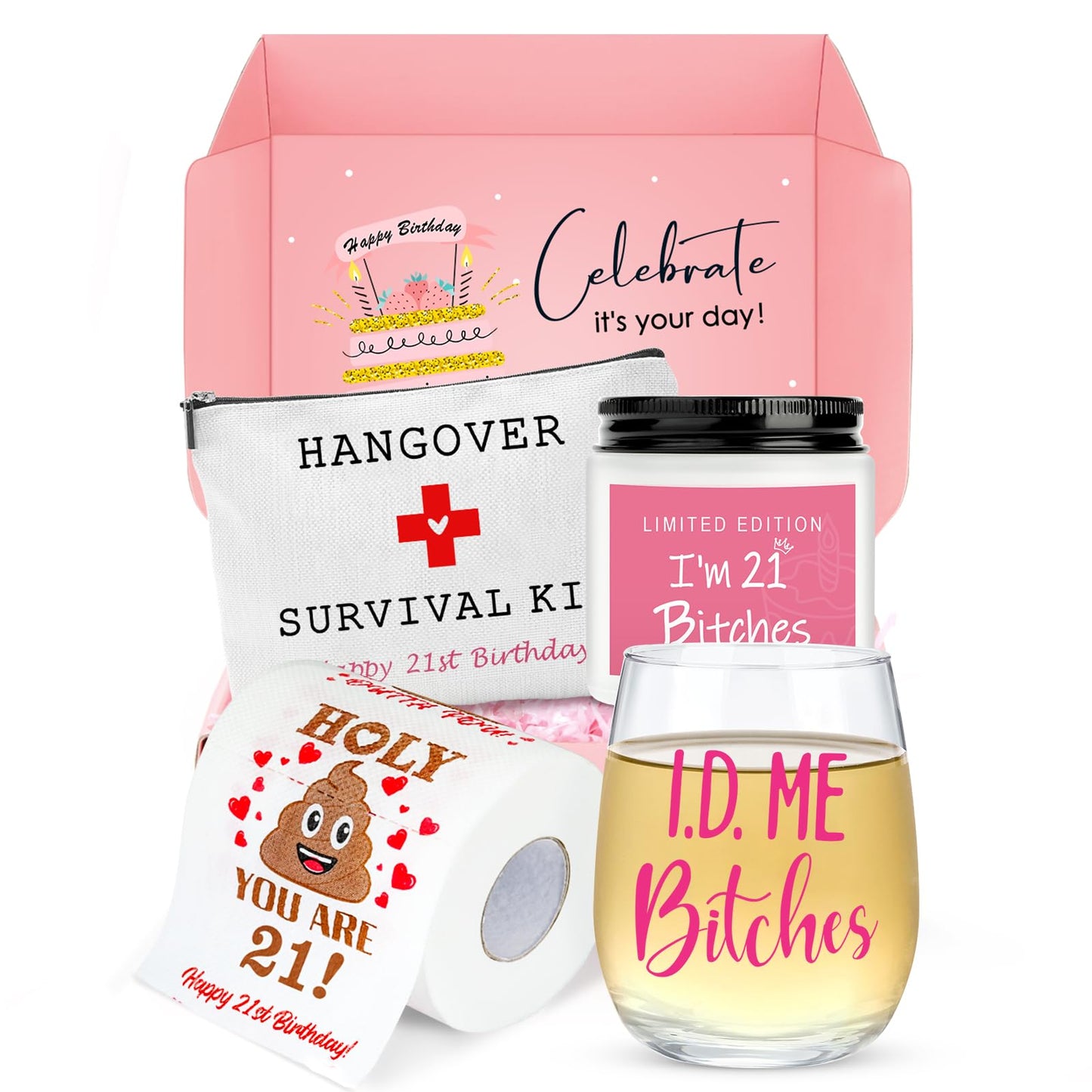 21st Birthday Gifts for Her Unique 21 Year Old Birthday Gifts for Her Funny Gift for 21 Year Old Female 21st Bday Decorations for Women - Wine Glass Toilet Paper Candle Makeup Bag