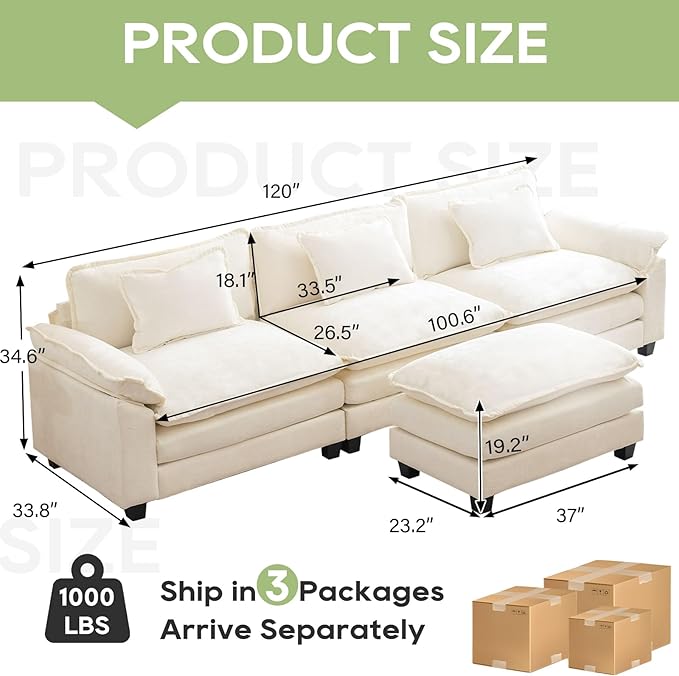 Oprisen 120" Modular Sectional Sofa, Comfy Cloud Couch Sectional Sofa with Ottoman, Chenille Sofa Sleeper Deep Seat Sofa with Throw Pillows for Living Room (Beige White, 120"- L Shape)