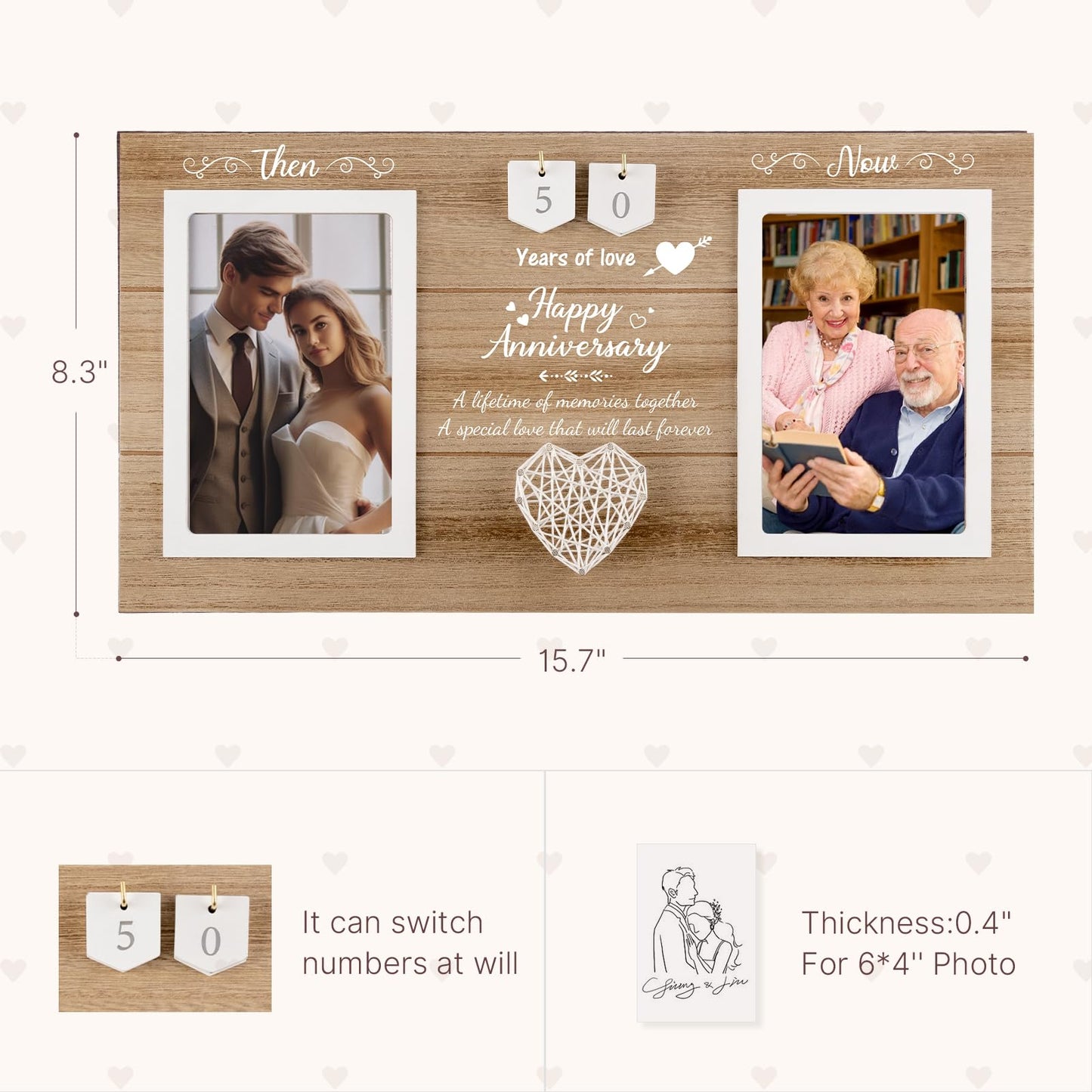 Calibron Then & Now Anniversary Wedding Gifts for Couples,1-99 Years Anniversary Picture Frame, Bridal Shower Photo Frame Holds 2pcs 4x6 Pictures