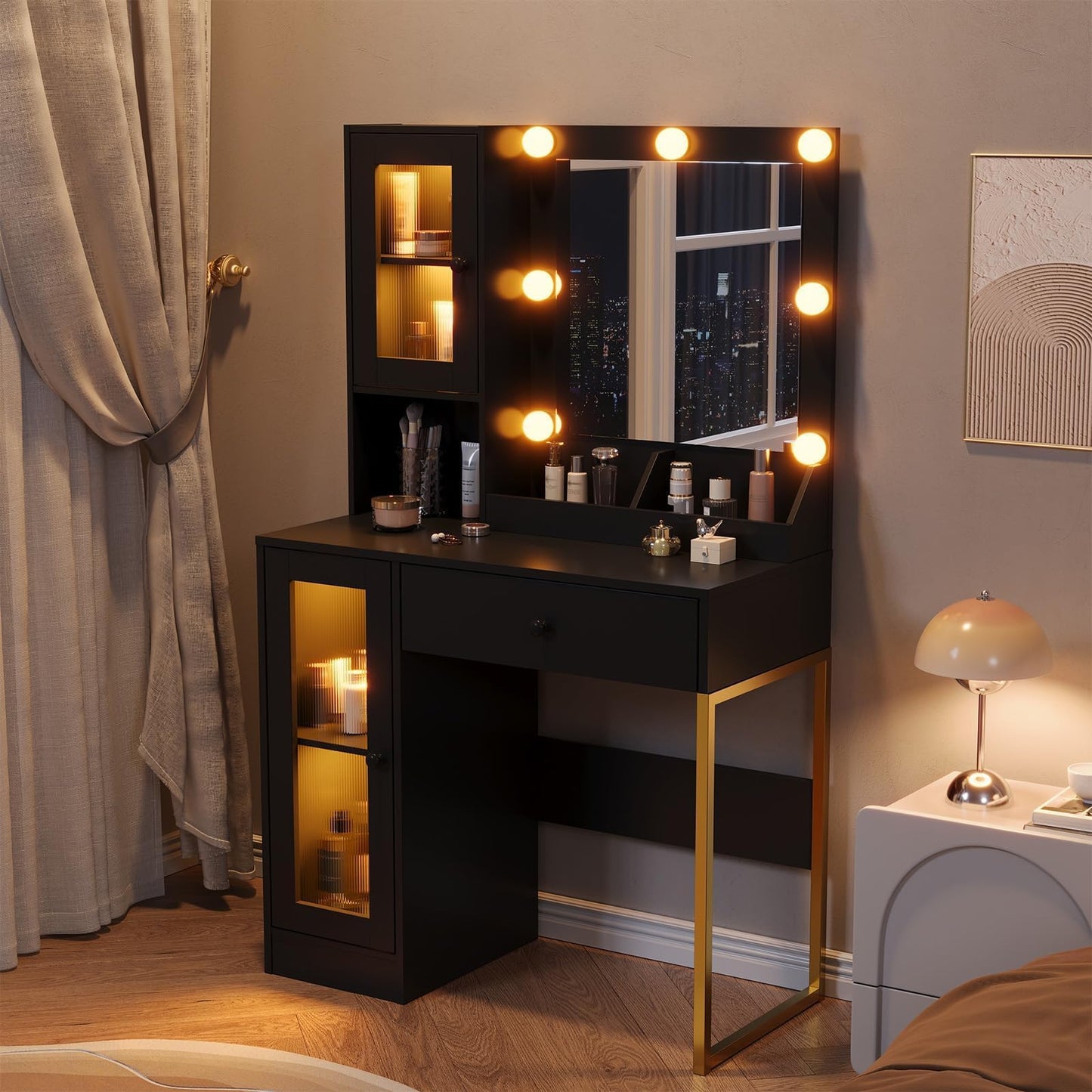 GarveeHome Makeup Vanity Desk with Mirror and Lights, Vanity Table with Charging Station, 2 Compartments, 2 Acrylic-Door Cabinets & RGB Lights, Dressing Table for Bedroom, Black Grain Finish