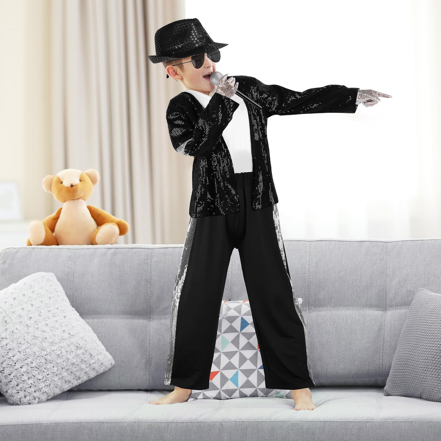 AOTHSO 8 Pieces Kids Boys 80s Dance Costume 90s Pop Stage Outfits with Glasses Hat Gloves Microphone Halloween Cosplay Party