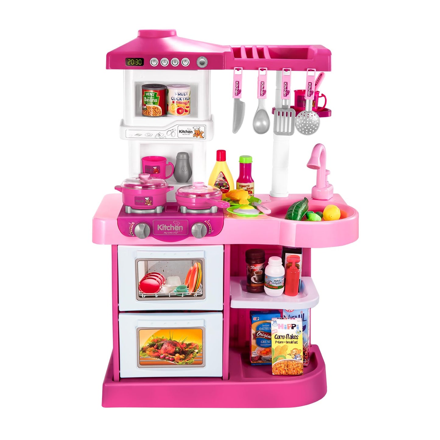 TEMI Play Kitchen Playset Pretend Food - 53 Pieces Pink Kitchen Toys for Toddlers, Toy Accessories Toddler Set with Sound and Light, Toddler Outdoor Playset for Kids, Girls and Boys