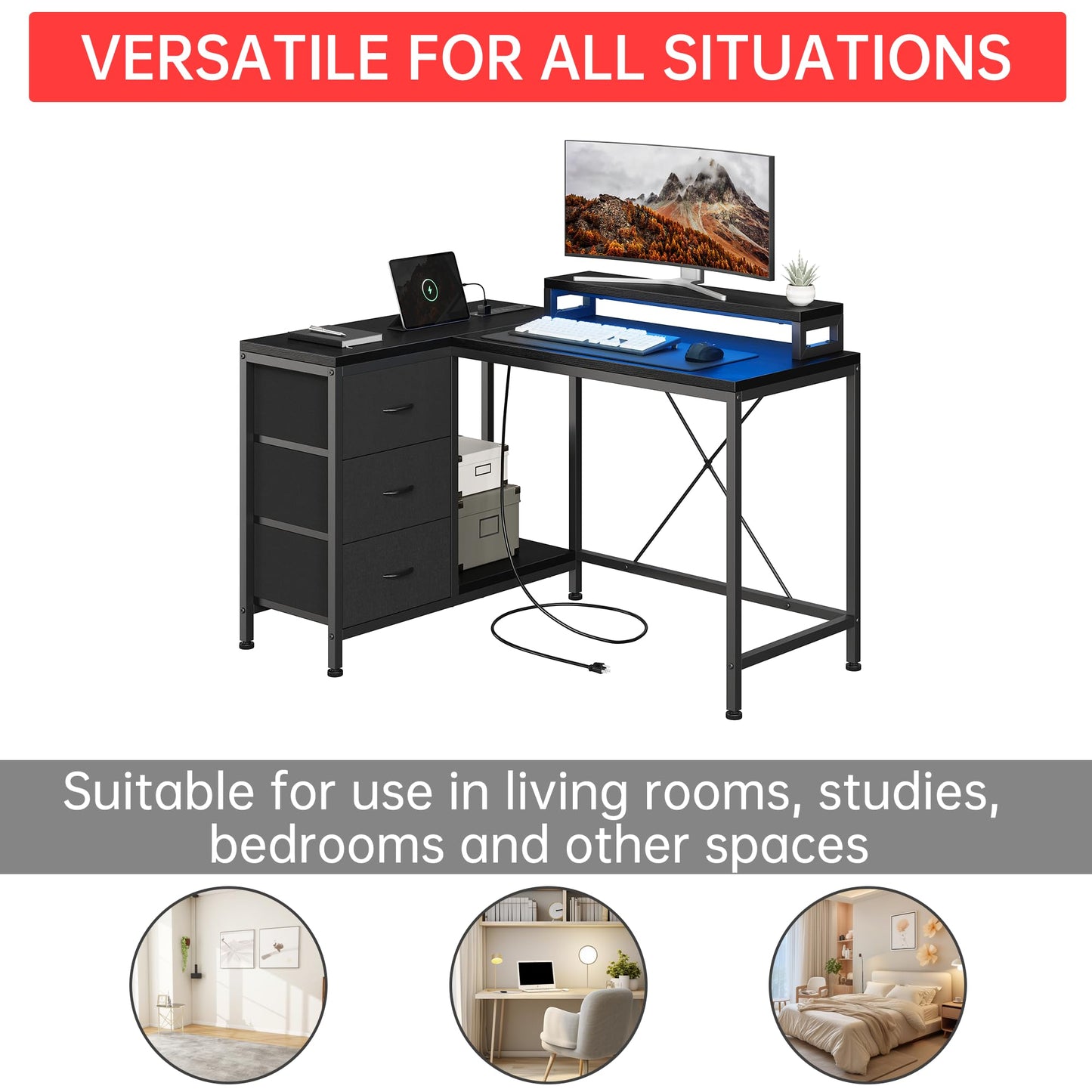 Hetoy L-Shaped Gaming Desk with Power Outlets, Corner Desk with Drawers, Shelves & LED Lights, Computer Desk for Home & Office