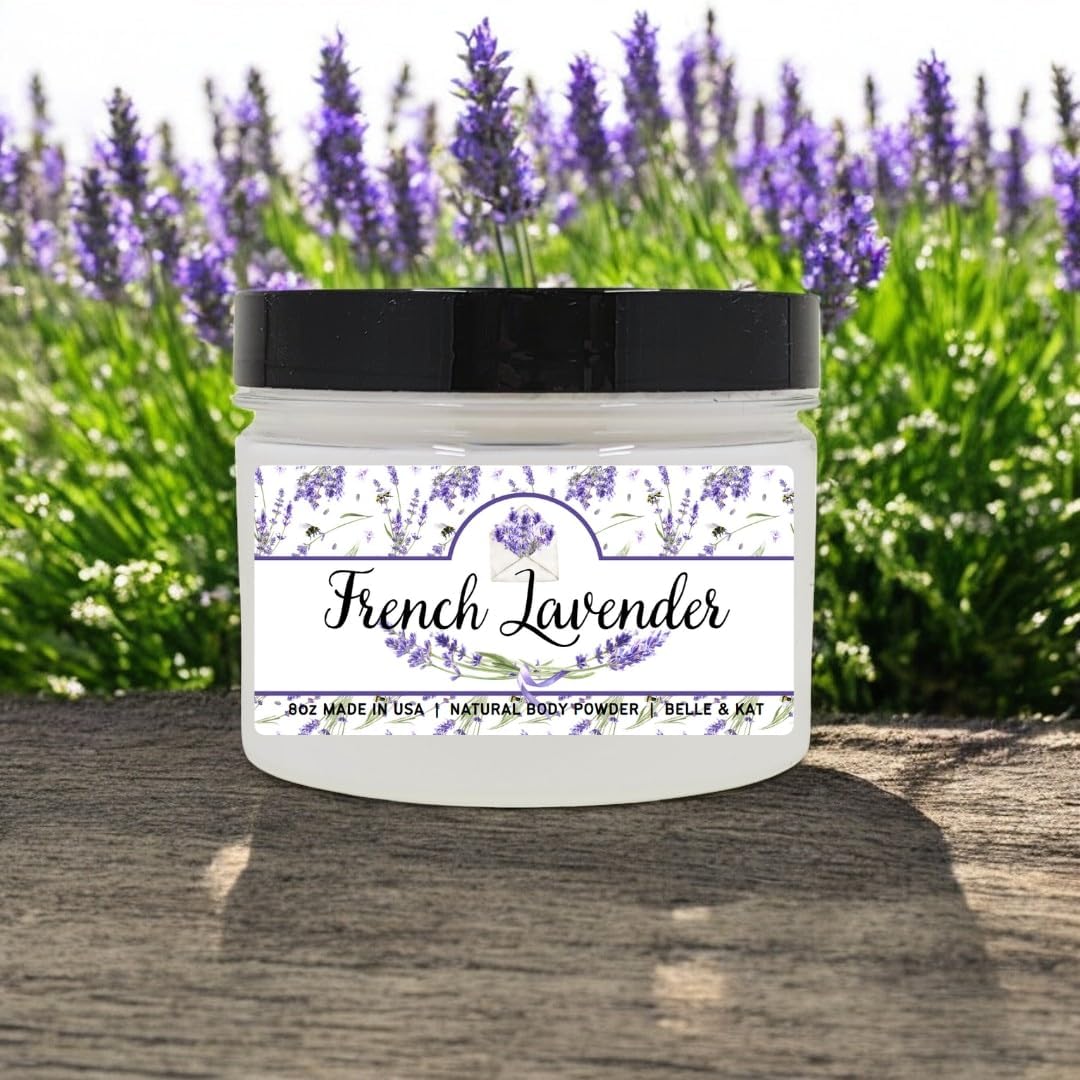 French Lavender Scented Body Powder for Men & Women, Bath Perfume Dusting Powder with Fragrance & Essential Oils, Talc Free 8oz Container, Made in USA
