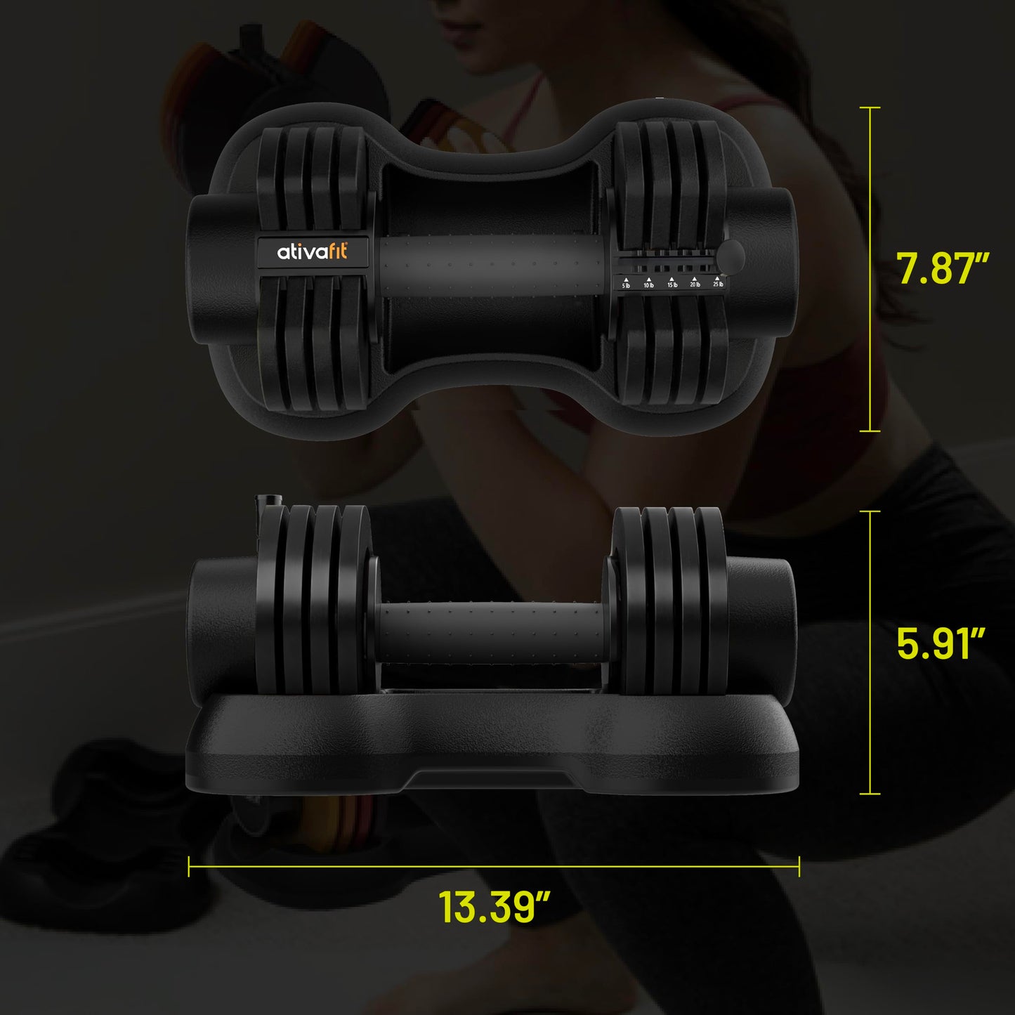 ATIVAFIT Adjustable Dumbbell Set of 2, 5–25LB Quick Dial Free Weights with Safety Lock & Anti-Slip Steel Handle, Space Saving Home Gym Equipment for Beginner Home Workouts and Light Strength Training, Suitable for Men and Women, Black
