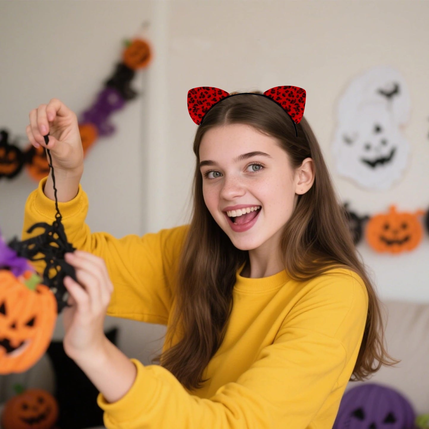 Cat Ears Headband for Women Cute Cat Costume Hair Accessories for Halloween Party Cosplay (Red, One Size)
