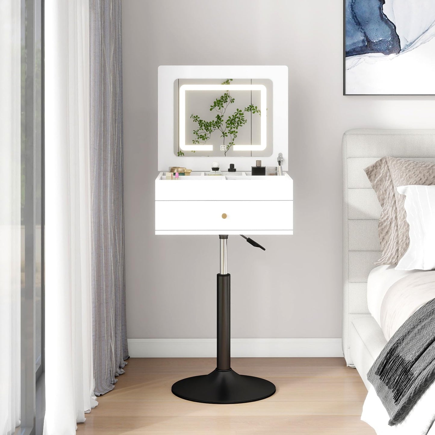 ARTETHYS Small Vanity Desk with Adjustable Height Rotating 3 in 1 Flip Top Makeup Vanity with Mirror and Lights Mini Corner White Dressing Table for Bedroom