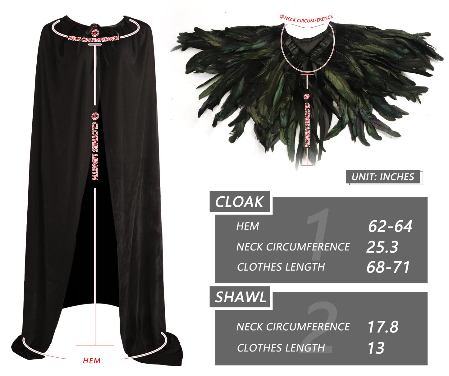 Gothic Feather Shawl and Halloween Adult Velvet Classic Witch Costume Cloak