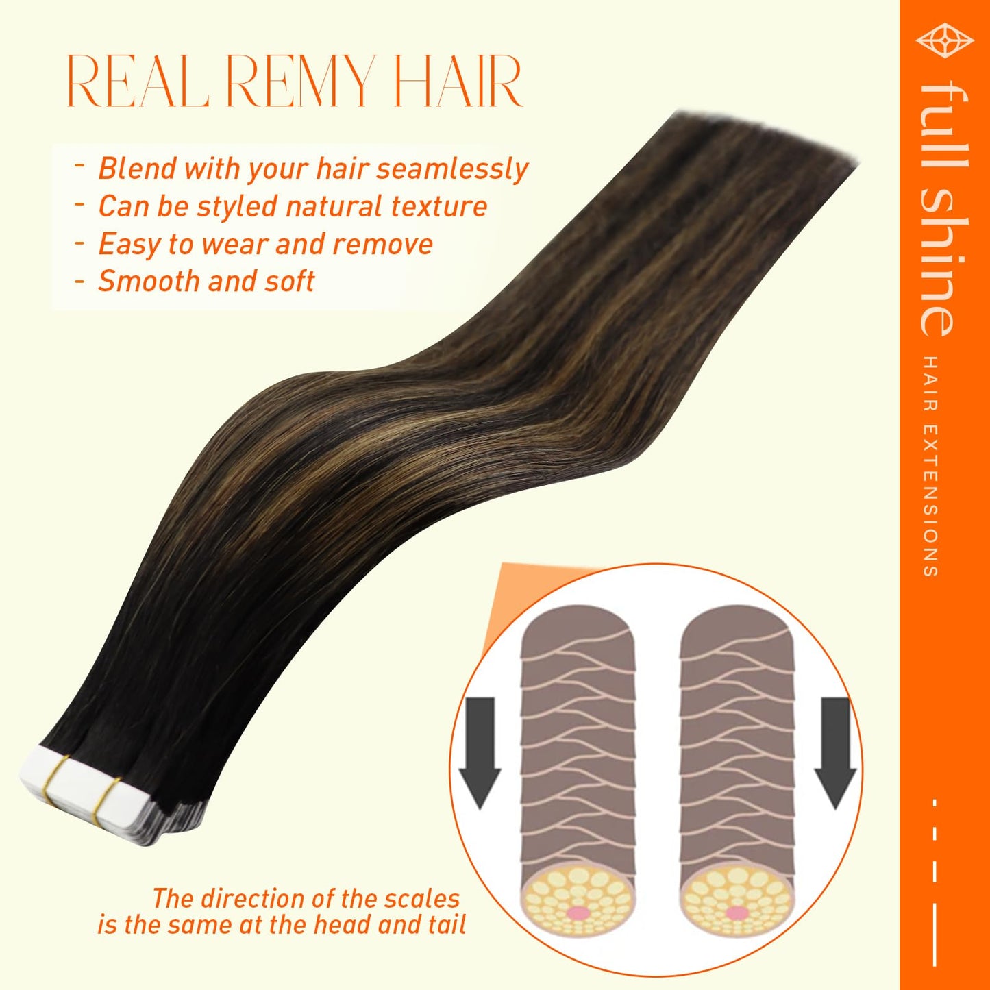 Full Shine Tape in Hair Extensions Human Hair 14 Inch Remy Human Hair Extensions Tape in Color 1B Black to Brown And Black Doubl