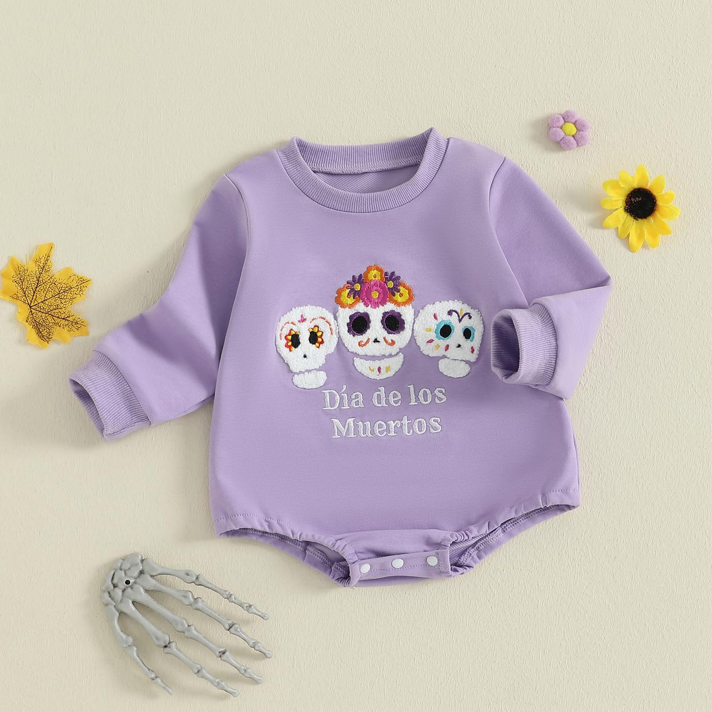 Kuriozud Newborn Baby Girl Day of the Dead Outfit Sugar Skull Sweatshirt Romper Bubble Romper Top Infant Fall Clohtes Dia de los Muertos Purple, 0-3 Months