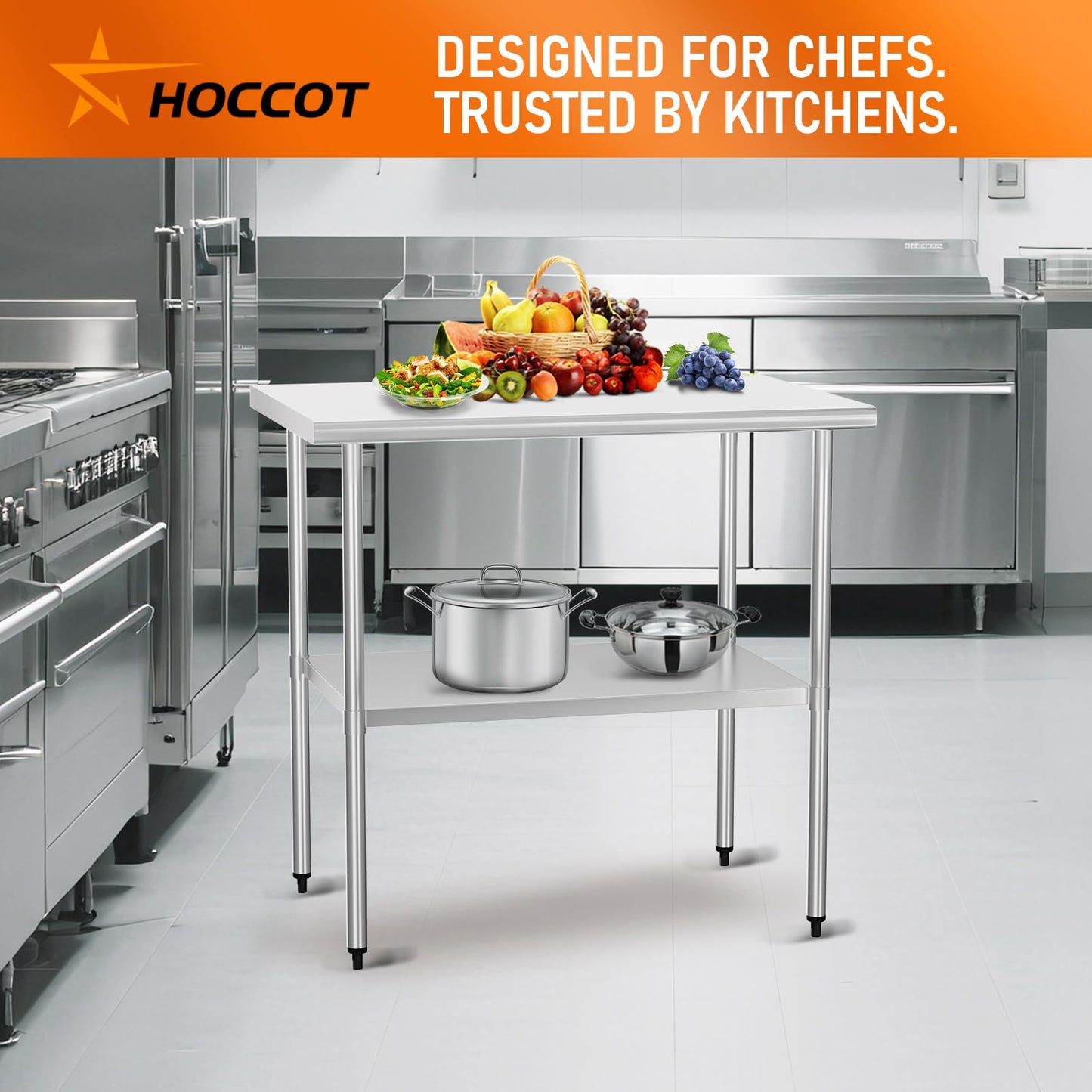 HOCCOT Stainless Steel Table for Food Prep & Work 24 x 36 inches Utility Table with Adjustable Undershelf, Commercial Workstation in Kitchen, Garage, Outdoor BBQ