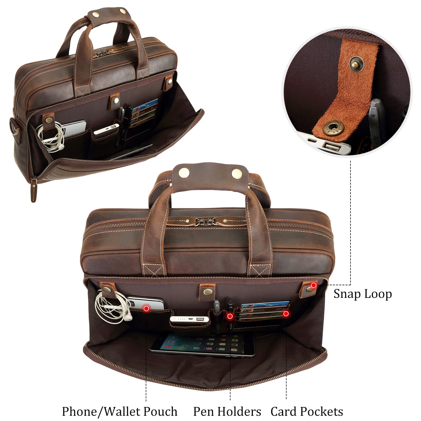 Polare Full Grain Leather 16.5'' Laptop Bag Briefcase for Men Business Messenger Work Bag Fits 15.6'' Laptop (Dark Brown)