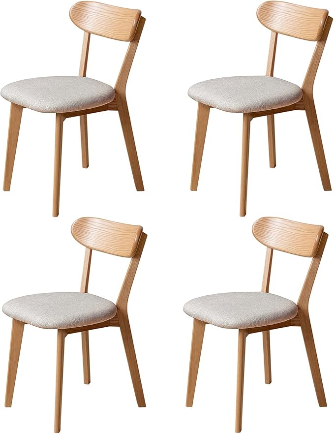 Grewood 100% Solid Oak Wood Dining Chairs,Mid Century Modern Dining Chairs with Upholstered Cushion,Kitchen,Dining Room Chairs Set of 4 (4, Original Color White Upholstery)