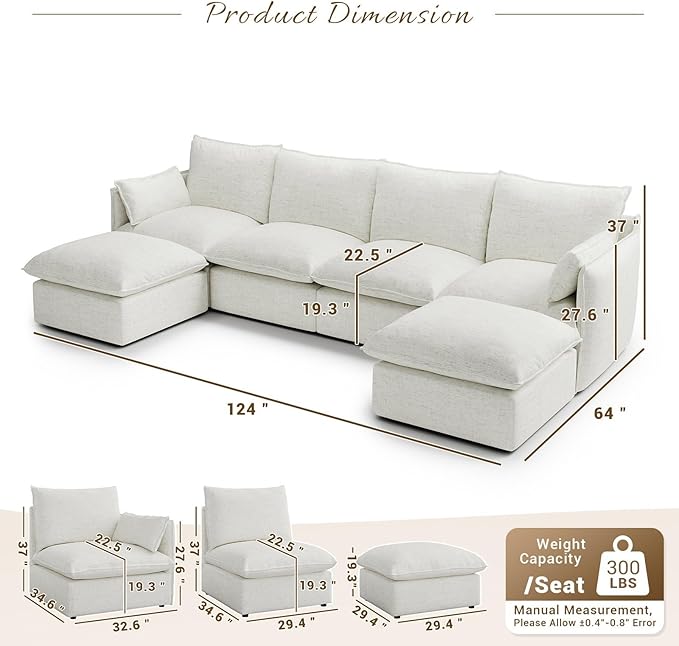 Forest aesthetics 124" U Shape Cloud Modular Sectional,Waterproof High Backrest 6 Seater Sectional Sofas,Down Filled Modular Couch with Removable Washable Cover for Living Room,Cream White
