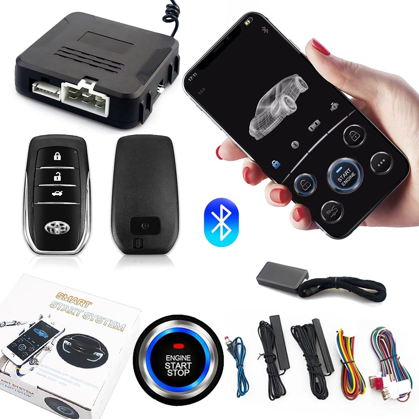 CHADWICK 12V Car Remote Start Stop Kit - PKE Keyless Entry, Bluetooth Control, Anti-Theft System, Model 886BT-X5