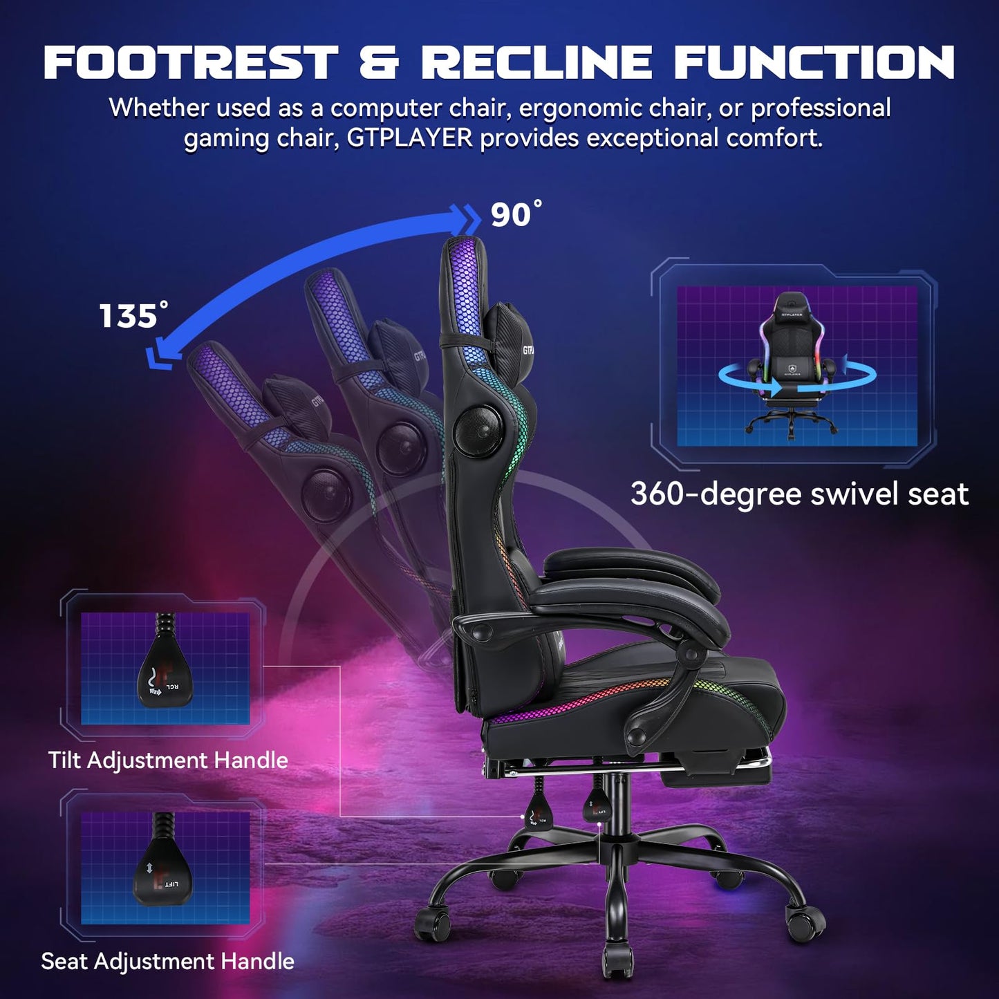 GTPLAYER RGB Gaming Chair with Speakers, Computer Gamer Chair with Footrest and LED Lights, PC Gamer Chairs for Adults, High Back Reclining Office Chairs, Linkage Armrest (Black, with Speakers)