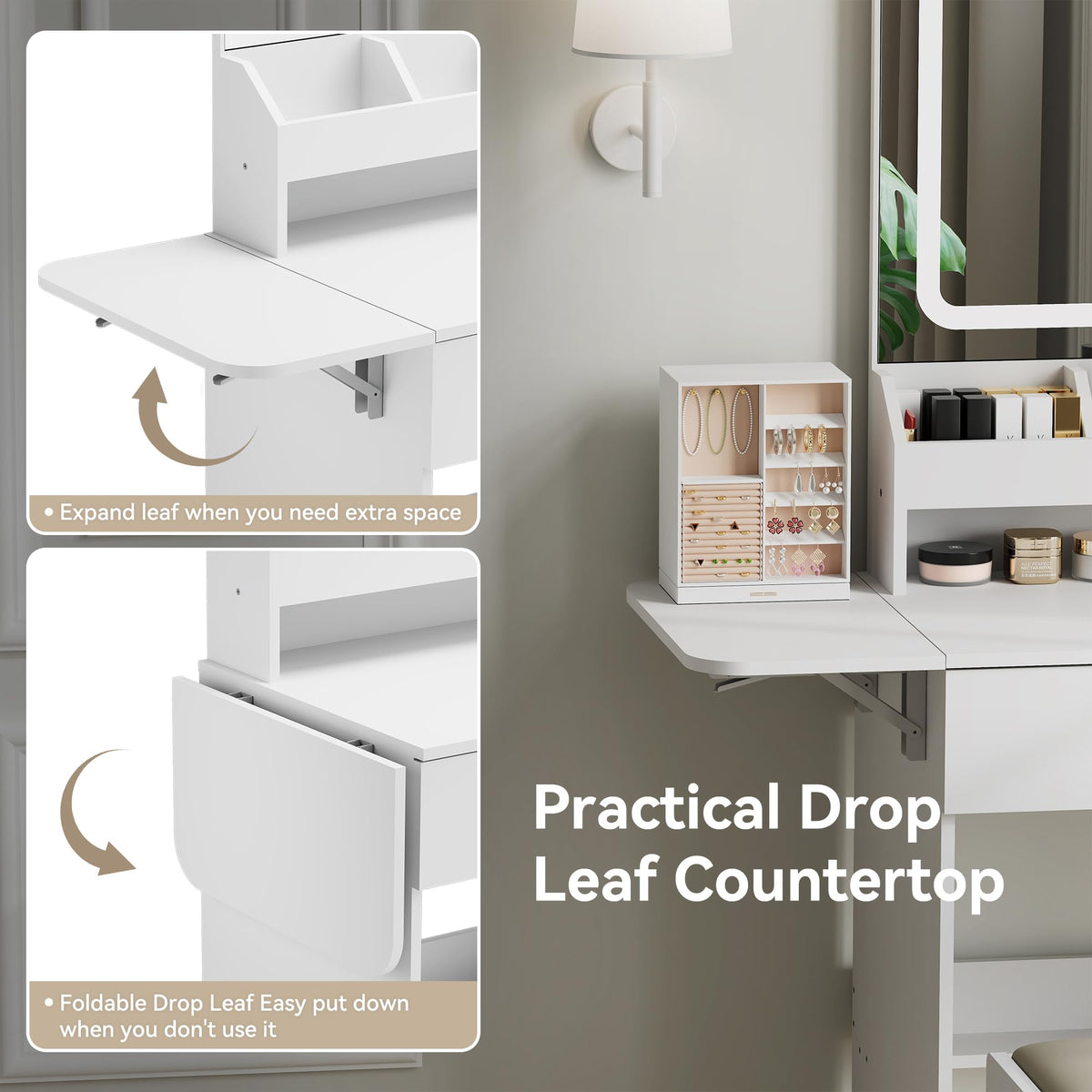 Dowinx Vanity Desk with Mirror and Lights, Power Outlet Makeup Vanity Table with 3 Drawers and 7 Shelves Dressing Table with Storage Stool for Girls Bedroom Dressing Room, White