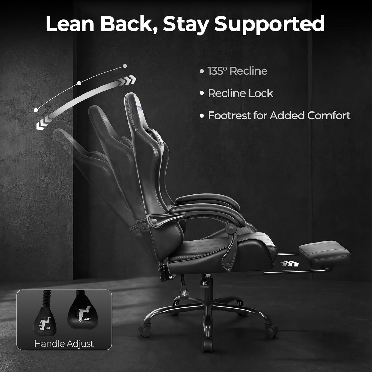 N-GEN GAMING Video Gaming Chair with Footrest Lumbar Support for Home Office High Back Recliner Height Adjustable Ergonomic Comfy Leather Computer Desk Chair (Black)