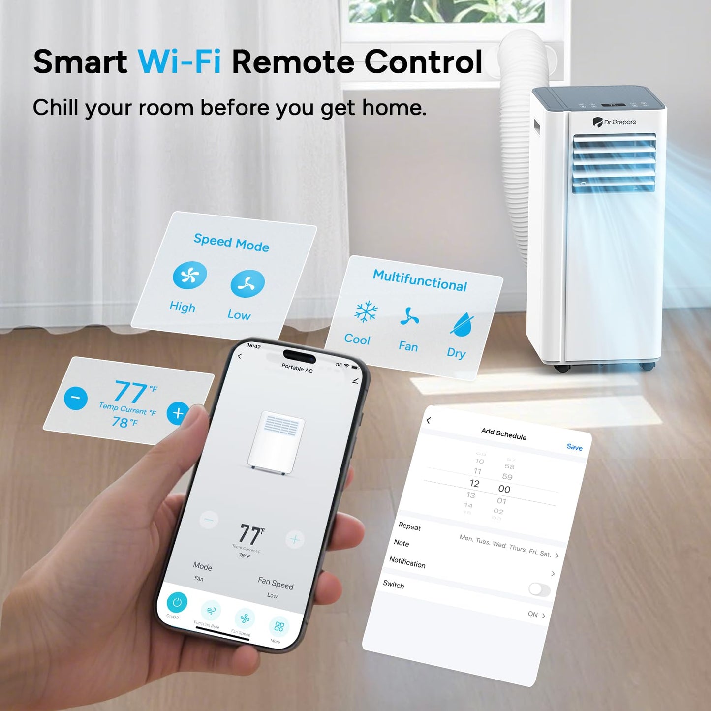 Dr.Prepare 8,000 Btu Portable Air Conditioner With Wifi, 4-In-1 Portable Ac Unit, Remote Control, Fast Cooling, 24H Timers With