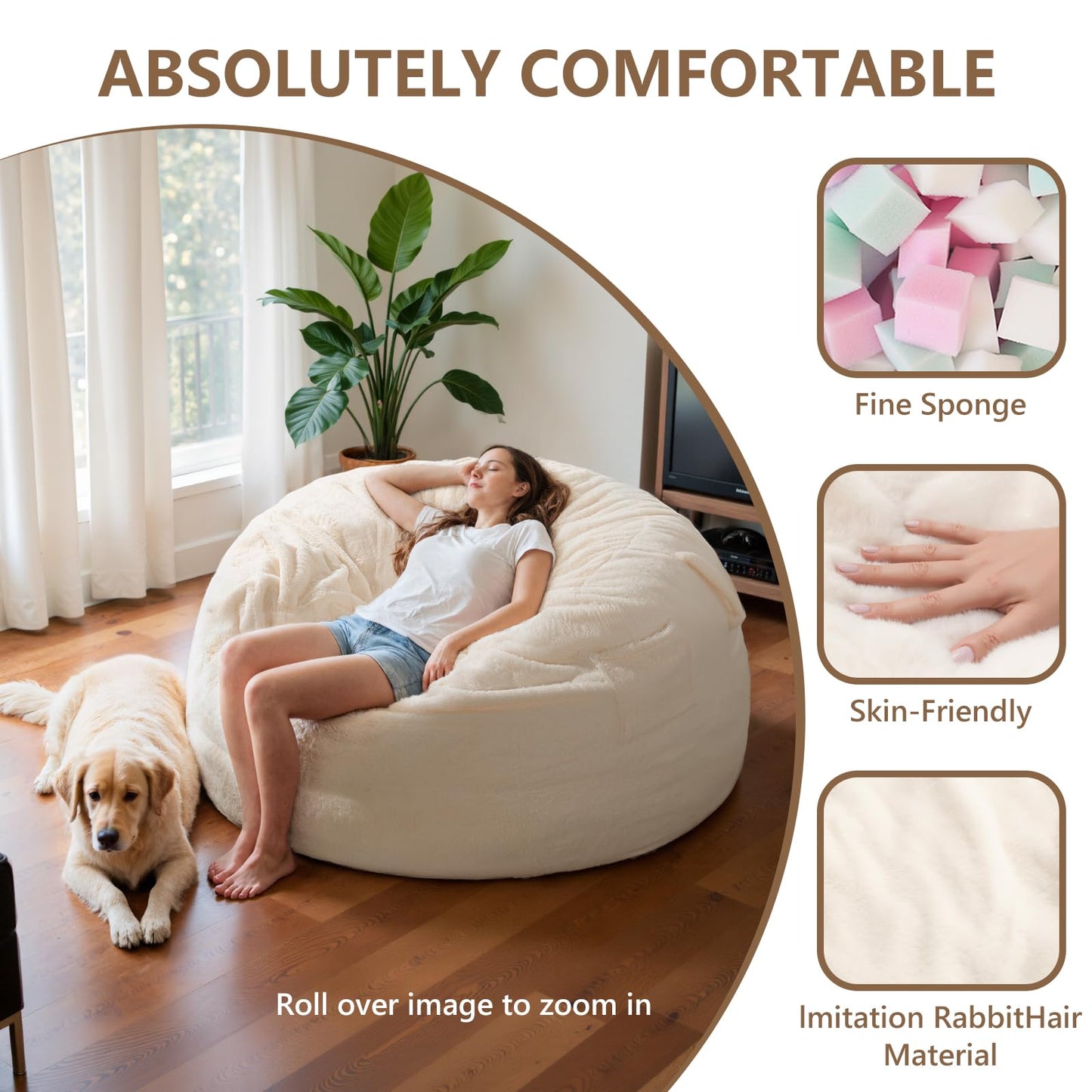 LFCREATOR Giant Bean Bag Chair for Adults, Faux Fur Bean Bag Chair Bed with Mattress Bed Use, Convertible Bean Bag Sofa Bed with Filler Included for Living Room,Bedroom, White.Large-Sized