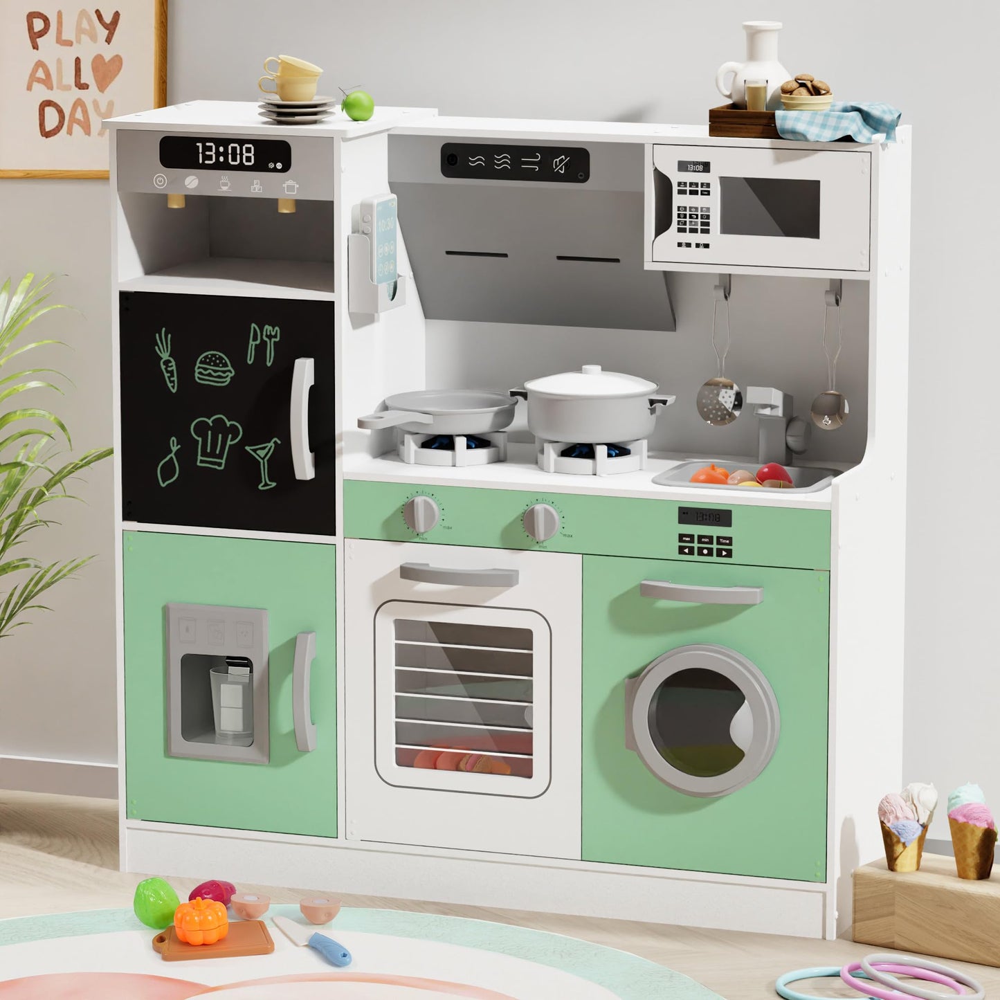 BIERUM Play Kitchen with Realistic Lights & Sounds, Wooden Kitchen Playset with 28 Pcs Toy Food & Cookware Accessories, Toy Kitchen with Plenty of Play Features, Idea Gift for Boys and Girls Ages 3+