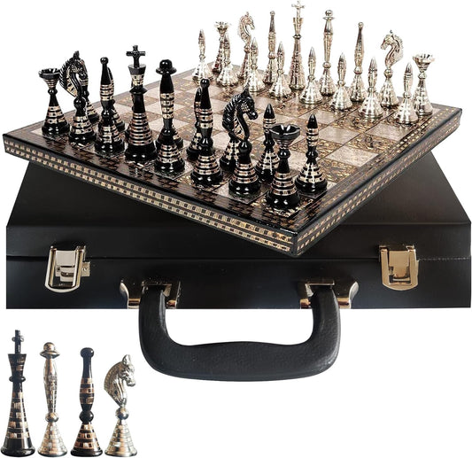 Luxury Handcrafted Brass Chess Set Black and Silver Metal Pieces with Premium Folding Board and Storage Box | Antique Finish Royal Gift and Decorative Board Game for Home Office Collectors (Tribal)