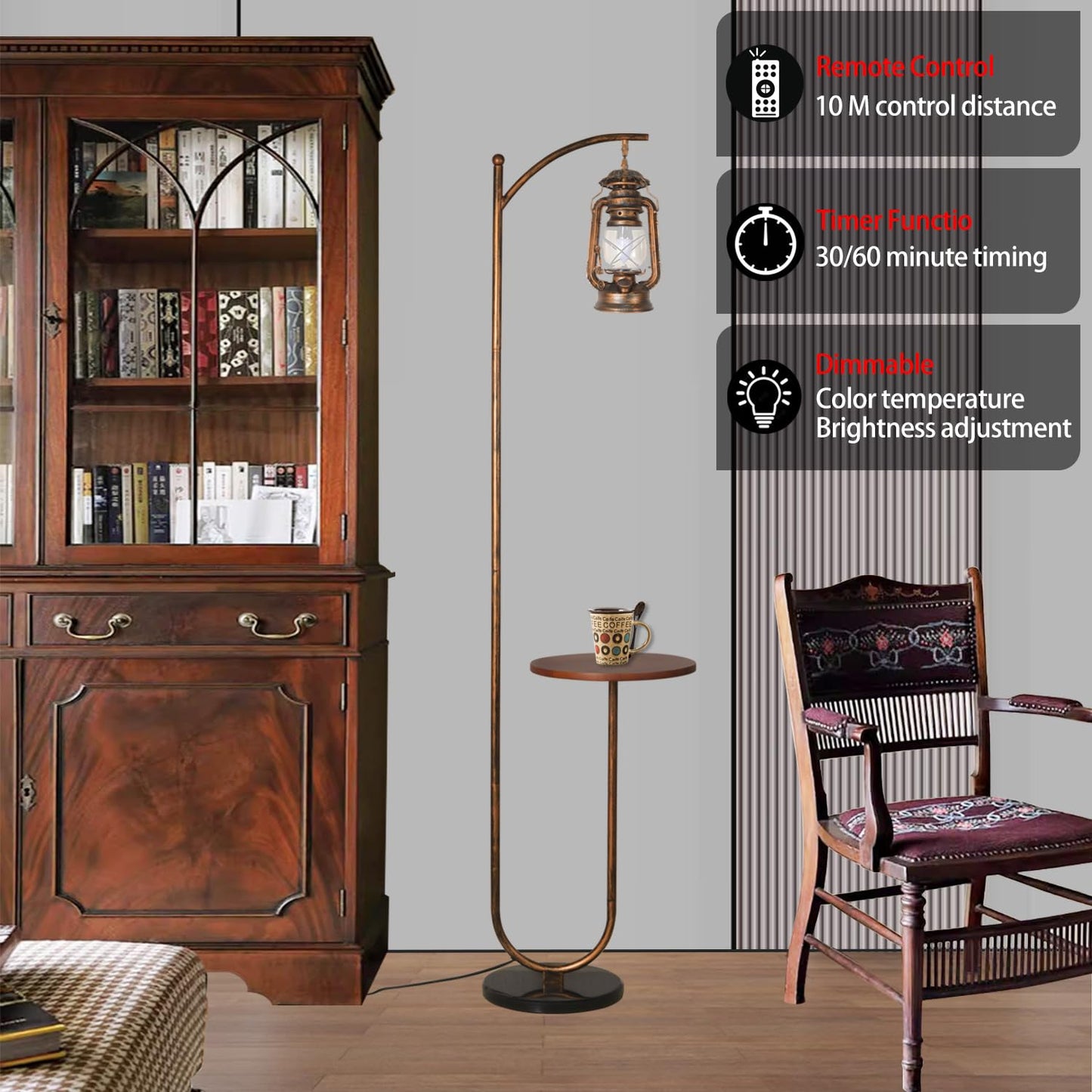 Hsyile Floor Lamp for Living Room Bedroom with Table and Shelves Retro Horse Lantern Floor Lamp Farmhouse Standing Lamp (Red Copper)