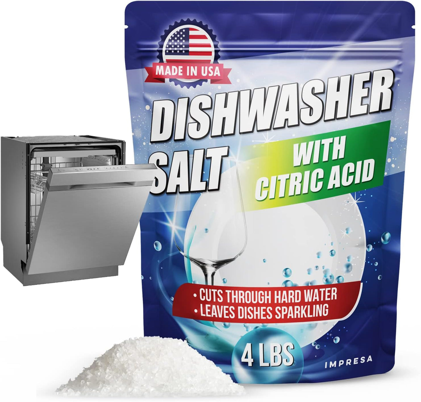 IMPRESA Dishwasher Rinse Aid Salt - 4 Lb - Citric Acid Cleaner & Descaler - Hard Water Stain Remover & Detergent Booster