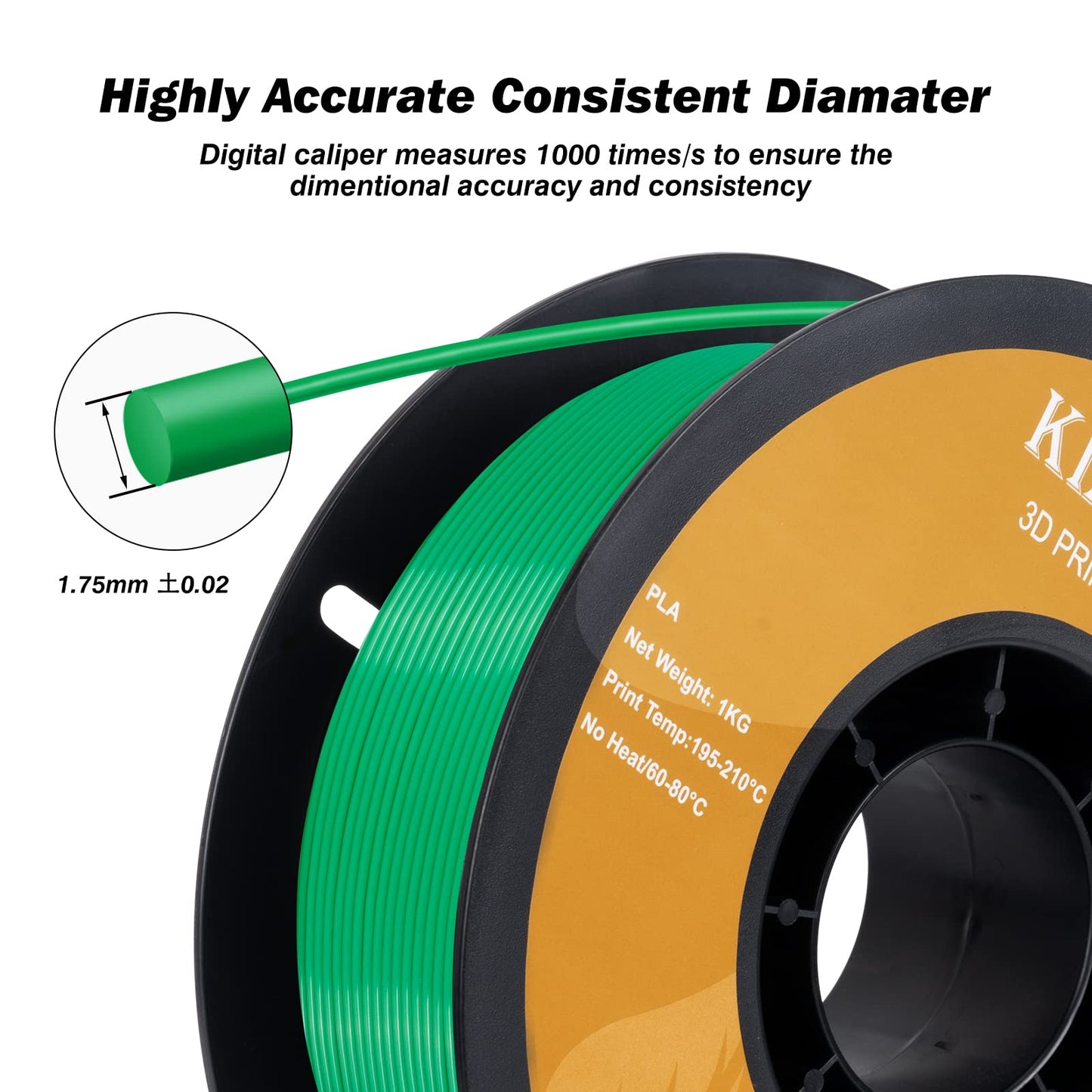 Kingroon PLA 3D Printer Filament, Dimensional Accuracy +/- 0.02 mm, 1 kg Spool(2.2lbs), 1.75 mm，Green