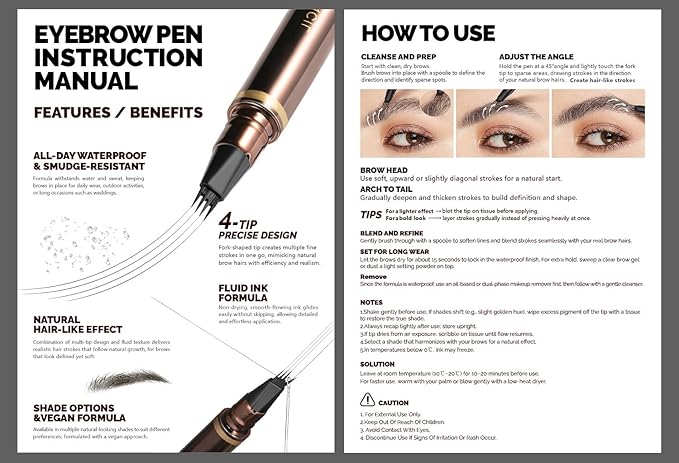 2 Pack Eyebrow Pen, Waterproof Microblading Eyebrow Pencil, 4 Tip Precise Eye Brow Makeup Pen for Women to Effortlessly Create Hair Like Natural Brows, Non Dry Out and Last All Day (Dark Brown)