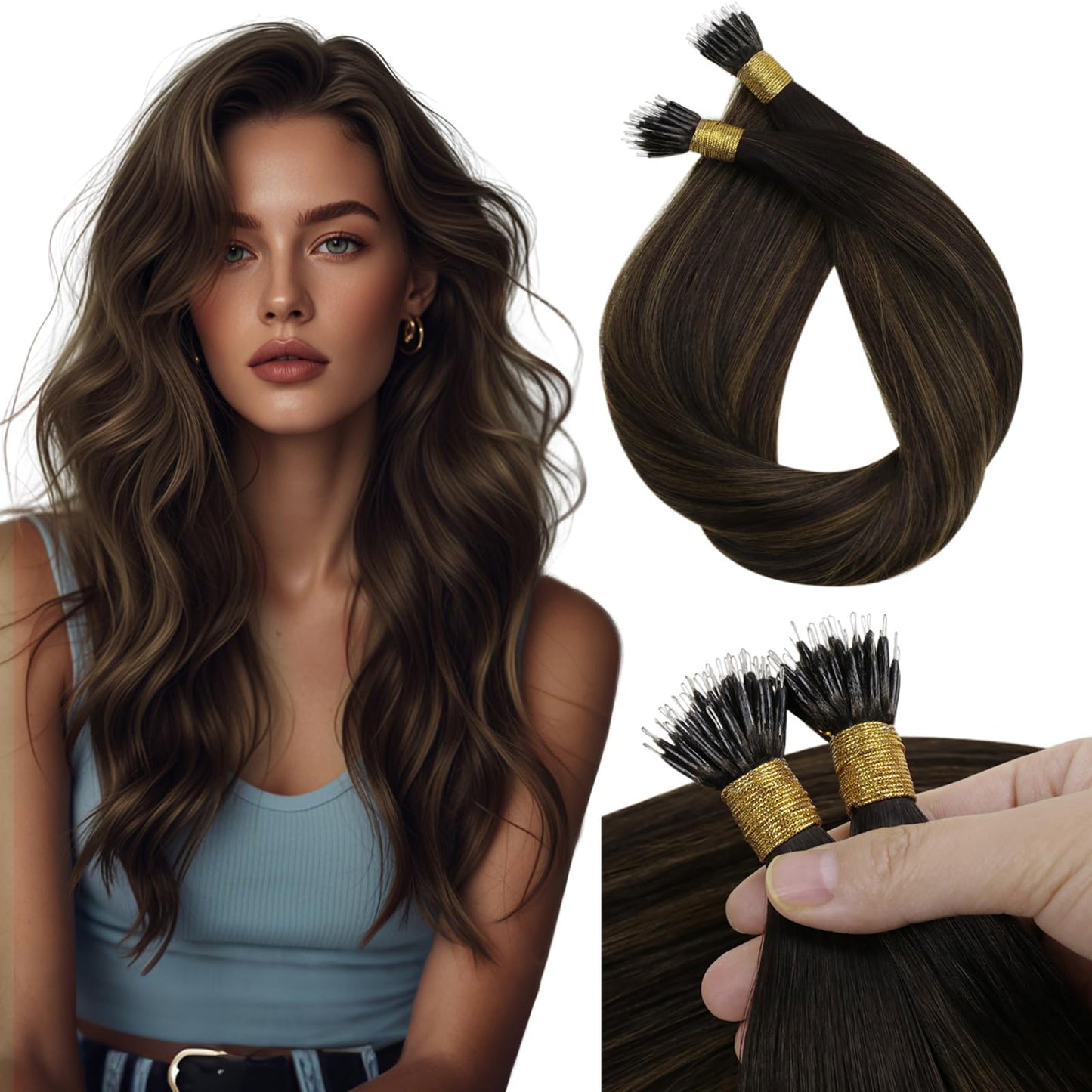 Sunny Hair Nano Hair Extensions Human Hair Balayage Brown Nano Ring Hair Extension Dark Brown Ombre Medium Nano Tip Hair Extensi